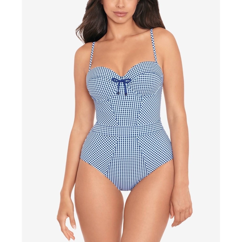 Skinny Dippers Secret Garden Busta Move Blue Gingham One-Piece Swimsuit Sz S NWT